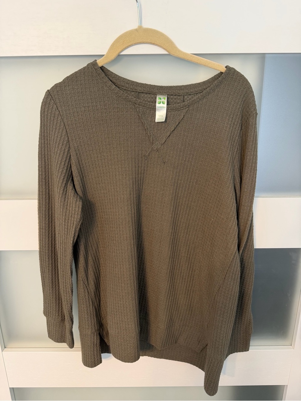 GreenTea Long Sleeve Waffle Knit Top - Olive Brown